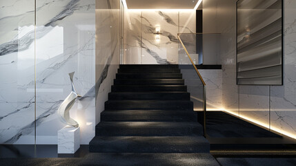 Stylish entrance hall in a luxury home with jet black carpeted stairs contrasted by white marble walls and a contemporary art sculpture Dimly lit for a dramatic effect