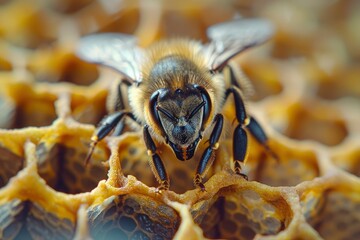 Close Up of a bee on a honeycomb, World Bee Day concept.