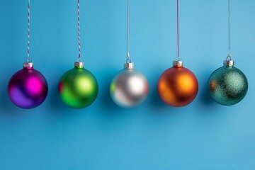 Style and beautiful row of color christmas balls hanging on strings over blue background 