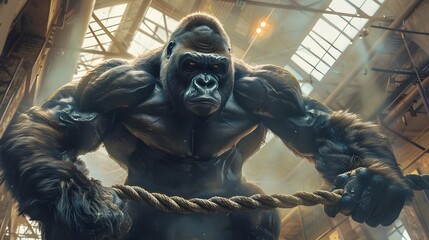Powerful Gorilla Athlete Showcases Muscular Physique in Surreal Gym Setting with Lighting and Ropes