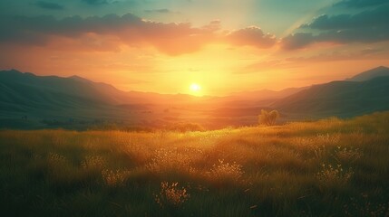 Fototapeta premium Sunset over meadow,golden hour,natural background concept,grasses and flowers,blurred mountain.