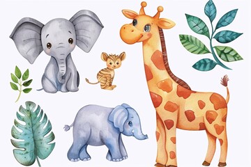 Adorable illustration set of watercolor cute baby african animals isolated on white background