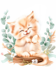 Watercolor illustration of a joyful kitten among leaves