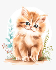 Watercolor illustration of a fluffy orange kitten surrounded by twigs and leaves. Concept of pet art, children's illustration