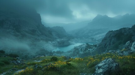 Cinematic landscape photo of  highland,misty mountains,green grass on hills,landscape concept.