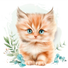 Watercolor illustration of a fluffy orange kitten with botanical accents. Concept of pet illustrations, nursery decor