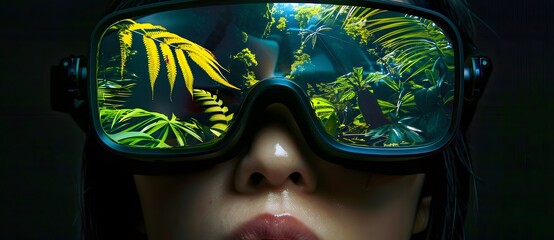 Close-up of a woman wearing augmented reality glasses reflecting a lush jungle scene, showcasing a blend of technology and nature 2.