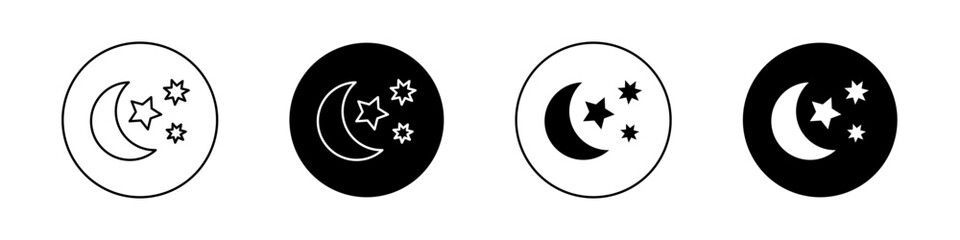 Moon stars icon set. night moon with stars vector symbol. half ramadan moon sign in black filled and outlined style.