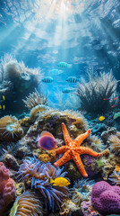 Colorful underwater scene with starfish surrounded by tropical fish and coral reef