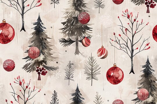 Beautiful watercolor Christmas seamless pattern with trees, christmas balls and ornaments in grunge vintage style.