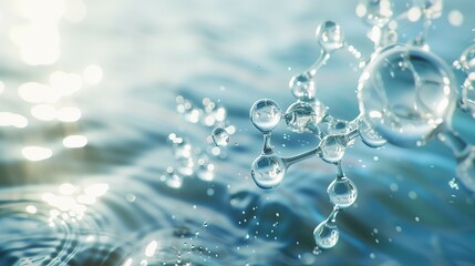 Water molecules dance intricately,chemical structure presence of H2O,blue background,web banner.