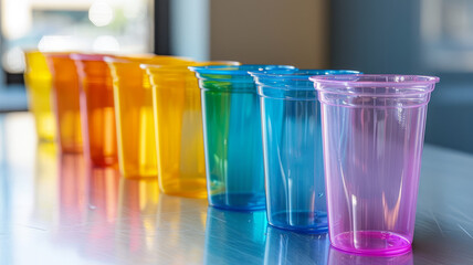 A row of colorful transparent plastic cups on a table.
