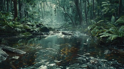 The rainforest after the rain with sunlight penetrating into the forest
