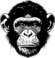Obraz premium Black and white illustration of a chimpanzee’s face, featuring intricate details and bold contrast. The expressive, symmetrical design creates a striking, artistic, and tribal aesthetic.