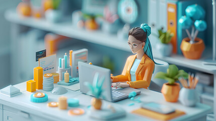 Isometric 3D Cute Icon: Woman Trading Cryptocurrencies Online from Home Office   Focused Female Trader Engaged in Various Cryptocurrency Trades on Laptop