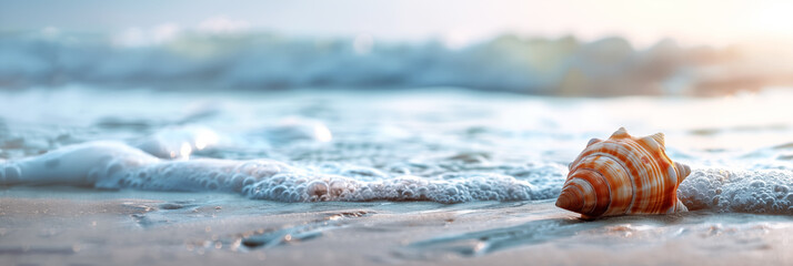 Seashell on sandy beach with ocean wave in background banner. Panoramic web header. Wide screen wallpaper