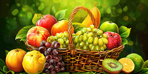Fresh Fruit Basket: Clean Background with Juicy Green and Yellow Shades, Evoking Health and Nutrition