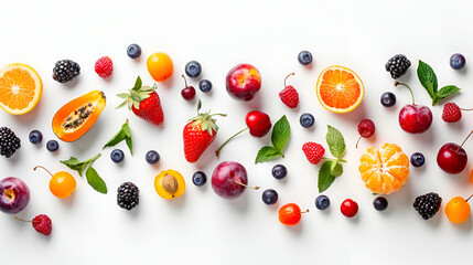 Fresh summer fruit panorama, a flat lay on a white background, vibrant food pattern, overhead shot...