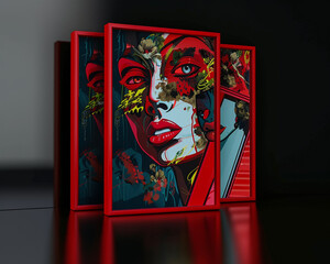 Trio of slim red picture frames on a jet black background each featuring pop surrealism art
