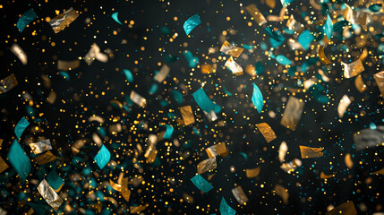 Turquoise and gold confetti swirling on a midnight black background, capturing a luxurious party atmosphere.