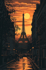 European city illustration, unusual illustration of the Eiffel Tower, unusual background, France, Paris.