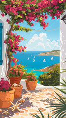 Illustration of seaside view from balcony with potted plants and flowers overlooking bay with boats