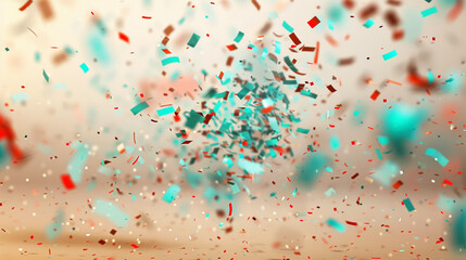 Vibrant turquoise and fiery red confetti sprinkling over a soft beige backdrop, perfect for a vibrant party atmosphere.