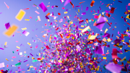Vivid confetti swirls against a royal purple background, resembling a lively celebration captured in high definition.