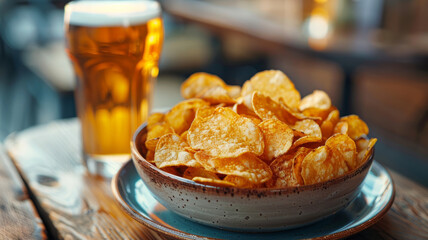 A glass of beer with a bowl of chips.