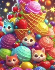カラフルアイスクリームの中にいる可愛い子猫