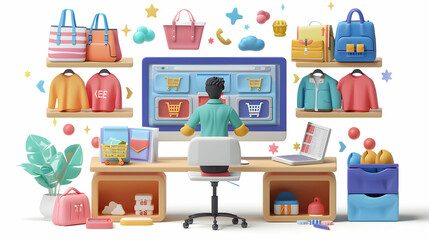 E commerce Manager Overseeing Online Sales: Analyzing Performance Data in Isometric 3D Flat Illustration Scene