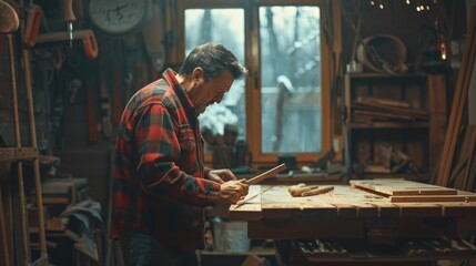 A man working on a piece of wood. Suitable for carpentry and woodworking concepts