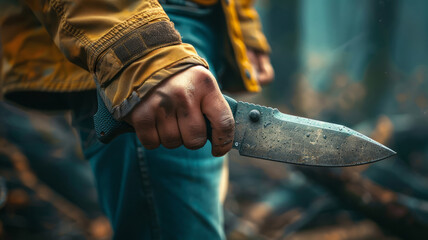 A person holding a knife in the forest