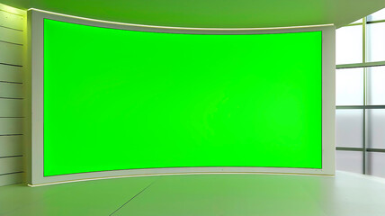 3D rendering of a large curved green screen on a wall in a TV studio background for news.