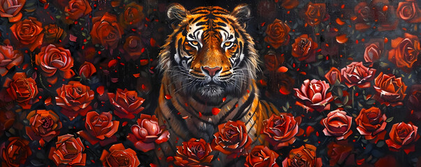 Majestic Tiger Surrounded by Fiery Red Roses in a Lush Garden Painting