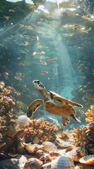 Sea turtle swimming among colorful coral reef and sunbeam filtering through water
