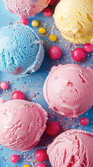 Top view of colorful ice cream scoops with sprinkles and candy on blue background