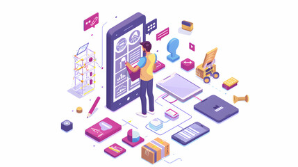 Entrepreneur Creating Mobile App Prototype Concept: An entrepreneur testing user interactions and features in a 3D flat illustration isometric scene