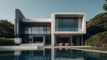 Fototapeta premium simple modern minimalist home design with pool ideas