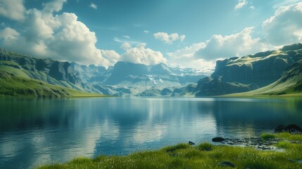 Lake in mountains,grass on sides of water and green mountain peaks in distance,landscape concept.