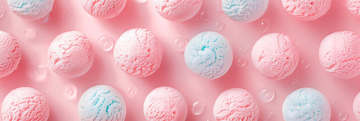 Pink bubble gum flavored ice cream scoops on pink background banner. Panoramic web header. Wide screen wallpaper