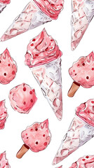 Pattern of various pink ice cream on white background