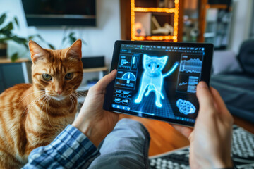 Hands with tablet with digital screen displaying futuristic smart cat health system. Modern healthy practices with virtual reality simulators for pets.
