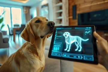 Hands with tablet with digital screen displaying futuristic smart dog health system. Modern healthy practices with virtual reality simulators for pets.