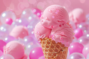 Pink ice cream cone with dripping syrup and sparkling background