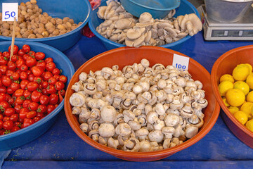 Champignon Button Mushrooms in Bowl at Farmers Market