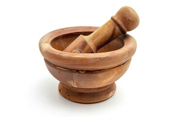 A mortar and pestle in a wooden bowl. Suitable for kitchen or cooking themes - obrazy, fototapety, plakaty