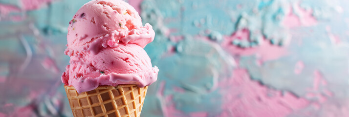 Pink ice cream in waffle cone against textured blue and pink background banner. Panoramic web header. Wide screen wallpaper