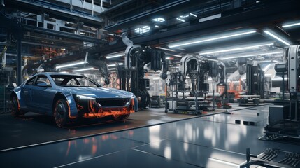 The image shows a car factory with a car on the production line - Powered by Adobe