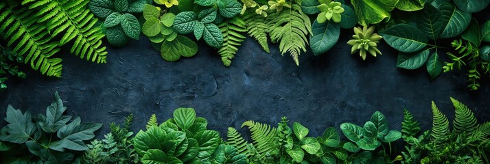 top view lush green tropical leaves border frame design, Generative Ai
